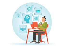 Person Use Laptop with Icons Representing Online Education and Learning. vector
