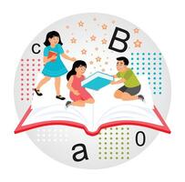 Concept of Education. Children Sitting on Open Books, Learning How to Read. vector