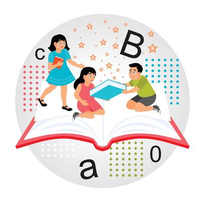 Concept of Education. Children Sitting on Open Books, Learning How to Read.