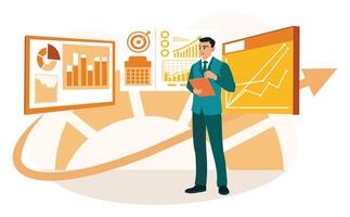 Entrepreneurs use computers to automate data management analysis. vector