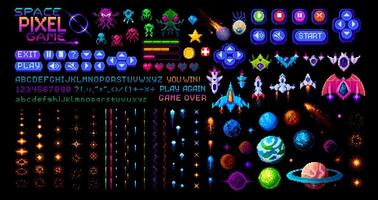 Arcade space 8 bit pixel art game asset set vector