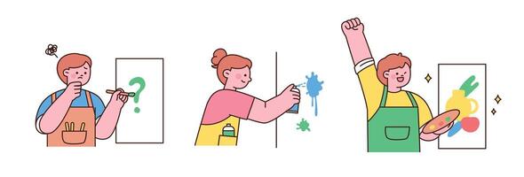 Kids painting and creating art with different expressions. vector