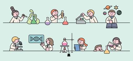 Cute children doing fun science experiments with lab tools, test tubes, flasks, and exploring chemistry, biology, and space. vector