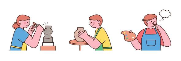 Cute kids enjoying art activities such as sculpting, pottery, and painting, expressing creativity with focus and imagination. vector