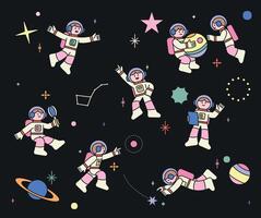 Adorable children astronauts exploring space with stars, planets, and constellations in a cute and colorful outer space scene. vector