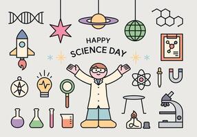 Cute science-themed illustration with lab tools, rockets, atoms, DNA, and a happy scientist celebrating Science Day. vector