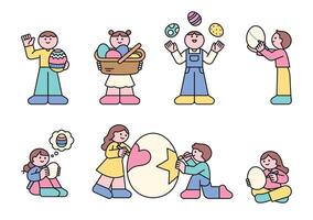 Cute kids decorating and playing with Easter eggs. vector