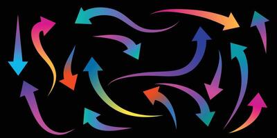 Collection of colorful gradient arrows on a black background, illustration. vector