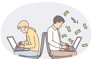 Man working with laptop makes money sitting near woman experiencing financial difficulties vector