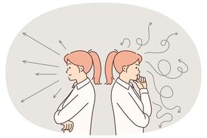 Women trying to make choice between different ways to solve problem standing among arrows vector