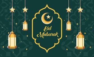 Elegant Eid Mubarak Celebration Design with Crescent Moon and Lantern Decorations Background vector