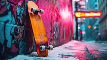 A brightly colored skateboard leans against a textured graffiti wall in a lively alley. Snow covers the ground while neon lights glow in the background, creating an energetic atmosphere photo