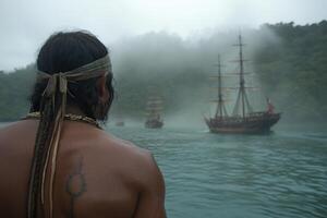 Indigenous people stand on the shore, gazing at European ships as they approach in foggy waters. This moment marks the beginning of significant historical interactions in 1492 photo