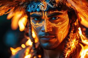 A tribal warrior showcases elaborate face paint decorated with glowing patterns, wearing feathers and ornaments. The backdrop features warm, glowing elements that enhance the cultural celebration photo