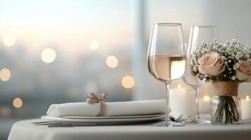 A beautifully arranged table features two glasses of white wine, a delicate bouquet of roses, and elegant tableware. Soft evening light illuminates the background, enhancing the romantic atmosphere photo