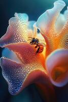 A bee is busy collecting nectar from a vividly colored flower, adorned with tiny droplets of water, creating a stunning visual in a natural setting photo