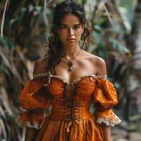 A captivating female figure stands in lush greenery, dressed in a striking orange gown, capturing the essence of romantic neoclassicism and Baroque styles from the 17th and 18th centuries photo