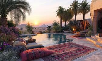 A tranquil desert oasis features a serene swimming pool surrounded by lush palm trees and vibrant flowers. Colorful cushions and rugs enhance the relaxing ambiance during sunset photo