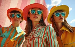 Three models pose confidently in bright, stylish clothing and oversized sunglasses against a backdrop of colorful stripes, capturing a fun, summer vibe during daylight photo