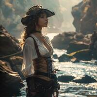 Draped in neoclassical attire, a female figure stands near the coastal waters. The soft light highlights her romantic features, evoking Baroque and Rococo influences from the 17th and 18th centuries photo
