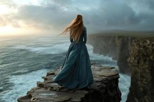 A female figure stands on a cliff, gazing at the turbulent sea. The scene captures an essence of romanticism, blending neoclassicism with elements of Baroque and Rococo from the Middle Ages photo