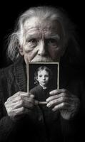An elderly man with white hair and deep wrinkles holds a black-and-white portrait of a young child. The soft, dim lighting highlights the emotions on his face and the texture of his hands photo