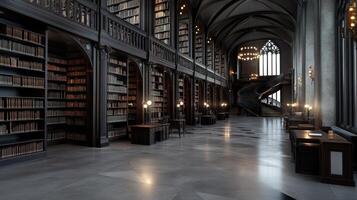 Inside a grand library, towering shelves filled with books line the walls, complemented by intricate architectural features and soft lighting illuminating the study areas photo