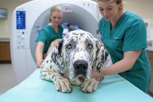 Two veterinarians assist a dog on a table, preparing it for an MRI in a veterinary clinic. The caring environment showcases the importance of pet well-being and diagnostic imaging photo