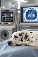 A dalmatian dog lies calmly on a soft surface while a veterinarian readies it for an MRI scan in a state-of-the-art veterinary facility, ensuring optimal pet care and diagnostic imaging photo