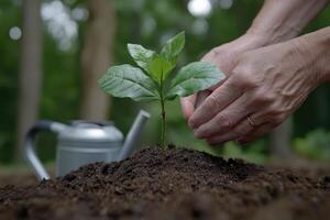 Hands gently care for a young green plant emerging from dark soil with a watering can nearby. The scene conveys a sense of nurturing and growth in a sunny garden photo
