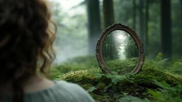 A person stands in a serene forest, gazing into a vintage mirror. The mirror reflects the lush greenery and soft light, enhancing the magical atmosphere of Smoke And Mirrors Day photo