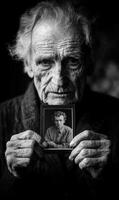 An elderly man with a weathered face gazes thoughtfully while holding a small framed portrait of his younger self. The ambiance evokes nostalgia and reflection on past memories photo