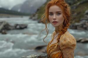 A striking female figure stands by a flowing river, donned in a neoclassical gown echoing the grace of the Middle Ages. The scene captures the maritime romance of the Baroque and Rococo periods photo