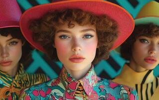 Three models showcase bold fashion with eye-catching hats and eclectic clothing styles, set against a vivid patterned background during a bright photoshoot photo