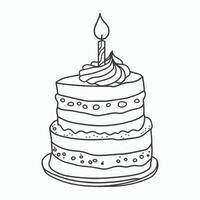Simple Line Drawing of a Two-Tier Birthday Cake with a Lit Candle Perfect for Coloring and Crafting vector