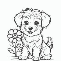 Puppy Sitting Next to a Smiling Flower Whimsical Line Art Perfect for Coloring and Crafting vector