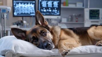 A veterinarian prepares a calm dog for an MRI procedure in a modern veterinary clinic, emphasizing the importance of animal healthcare and diagnostic imaging for pet well-being photo