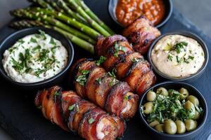 Succulent pieces of bacon-wrapped meat are artfully arranged with creamy dips, olives, and vibrant asparagus on a slate platter, inviting guests to indulge photo