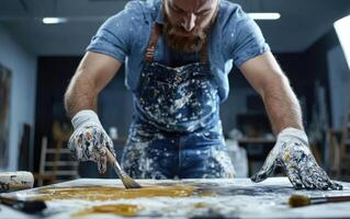 An artist is focused on his craft while mixing vibrant paint colors on a large canvas. He wears a paint-splattered apron and gloves, showing his dedication to his work in the studio photo