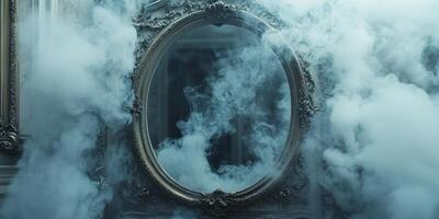 Participants engage in the Smoke and Mirrors Day activity, showcasing an ornate mirror surrounded by captivating clouds of smoke, creating a mystical atmosphere that enchants all photo