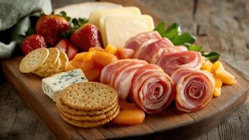 A beautifully arranged charcuterie board showcases a variety of meats, cheeses, fresh strawberries, dried apricots, and crispy crackers on a rustic wooden platter photo