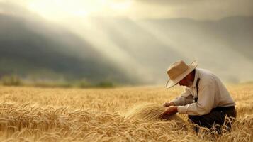 A farmer kneels in a golden wheat field, carefully harvesting the crop as the sun sets in the background. The sky is filled with soft, dramatic light and distant mountains photo