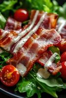 A vibrant salad featuring crisp greens, juicy cherry tomatoes, and generous strips of crispy bacon drizzled with a creamy dressing. Perfect for a quick lunch or dinner photo