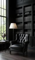 A well-designed reading area featuring a plush leather armchair by a window, dark shelves filled with books, a standing lamp, and a globe on a small table nearby, creating a serene atmosphere photo