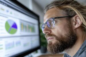 A man with long hair and glasses thoughtfully examines various data visualizations displayed on a large monitor in a contemporary office setting photo
