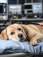 A veterinarian is getting a Golden Retriever ready for an MRI procedure in a veterinary clinic. The atmosphere emphasizes advanced diagnostic technology for pet well-being photo