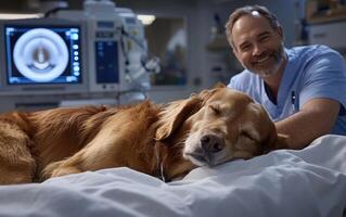 A veterinarian gently cares for a golden retriever laid on a soft surface, preparing the dog for an MRI procedure in a modern veterinary clinic. The dog appears calm and relaxed photo