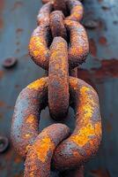 Close view of a rusted metal chain link displaying its weathered texture and orange patina. The background features an industrial surface, emphasizing the aging process of the metal photo