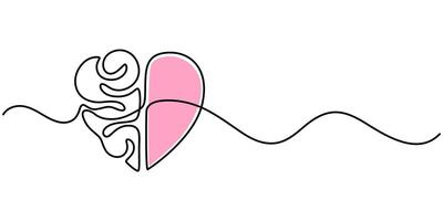 One continuous line drawing of half of a human brain and love in the shape of a heart logo icon Philosophical of love and reason vector