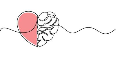 continuous one line drawing of half human brain and love heart shape vector